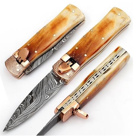 Damascus Steel Switch Blade Pocket Knife