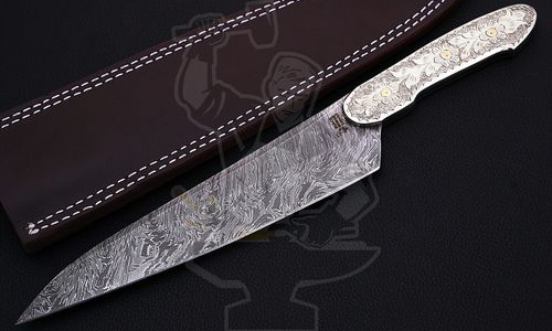 Custom Hand Engraved Damascus Chef Knife
