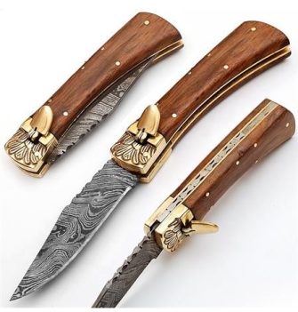 Damascus Steel Switch Blade Pocket Knife