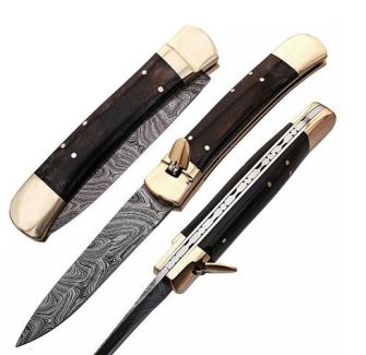 Damascus Steel Switch Blade Pocket Knife