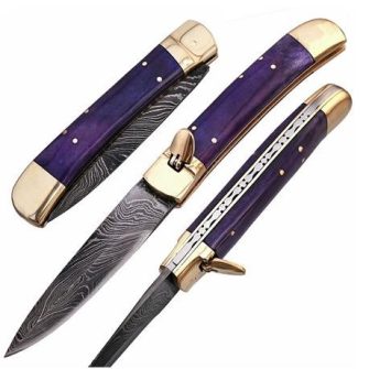 Damascus Steel Switch Blade Pocket Knife