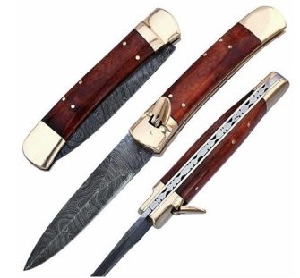 Damascus Steel Switch Blade Pocket Knife