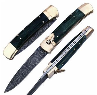 Damascus Steel Switch Blade Pocket Knife