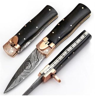 Damascus Steel Switch Blade Pocket Knife