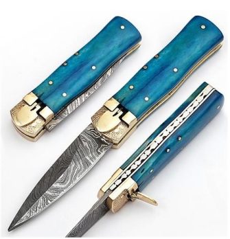 Damascus Steel Switch Blade Pocket Knife
