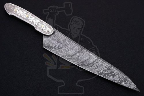 Custom Hand Engraved Damascus Chef Knife - Image 2